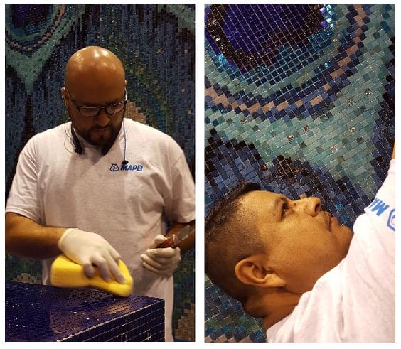 Artcraft’s Christian Lopez and Jose E. “Milli” Gonzalez, two of the team’s CTEF certified installers, focus on glass tile mosaic detail work
