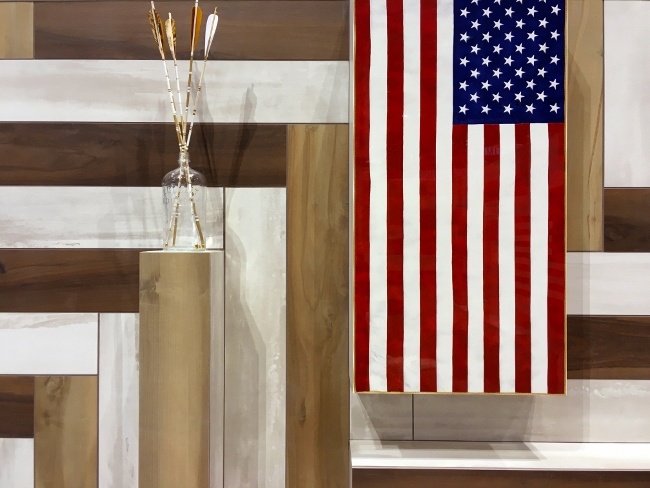 Digitally-printed porcelain American flags proudly add spirit and another layer of iconic pattern 