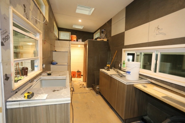 Inside the tiled tiny house