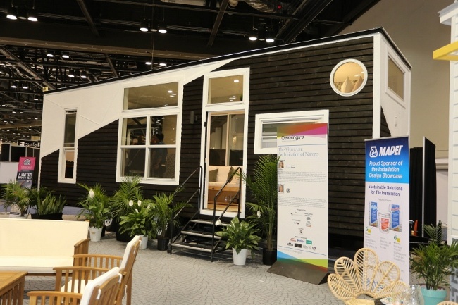 The exterior of the Vitruvian tiled tiny house