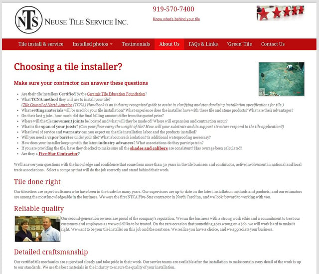 The neusetile.com about us page highlights the importance of working with Certified Tile Installers.