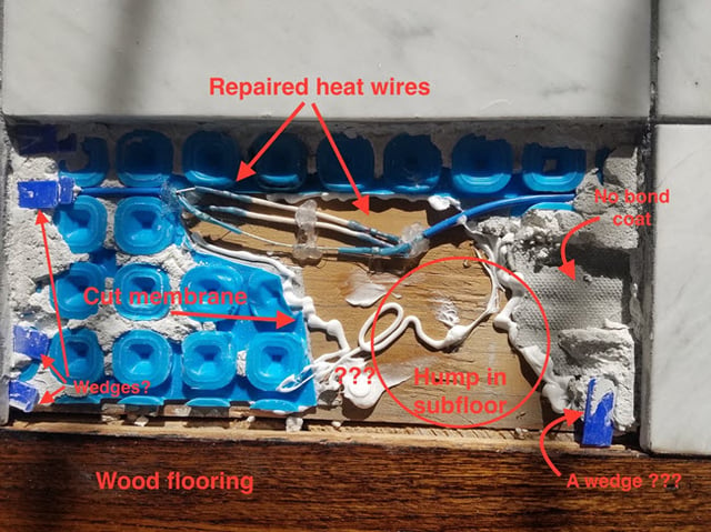 An easier repair but a not so bright move by tile installer who didn’t flatten the subfloor before installing the uncoupling membrane. 