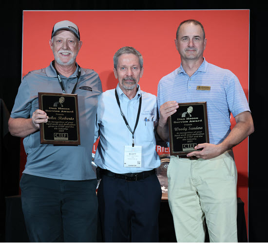 John Roberts, Scott Carothers, Woody Sanders at Coverings 2021 for the Dan Hecox Service Award